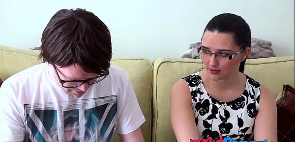  Nerdy gamer sucked skillfully by a cute babe